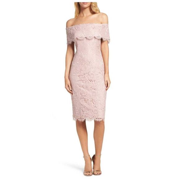 Eliza J Blush Pink Eyelash Lace, Off the Shoulder Sheath Dress, NWT, Sz. 12 - Picture 1 of 8